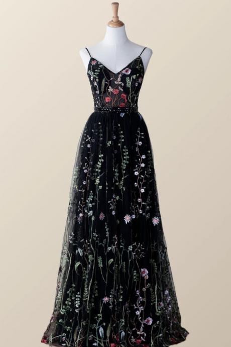 A Line Black Floral V Neck Long Formal Prom Dress