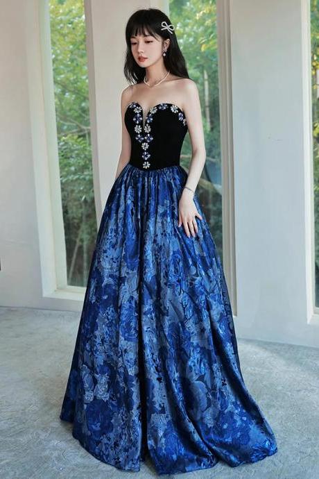 Floor Length Blue Floral Satin Sweetheart Party Dresses