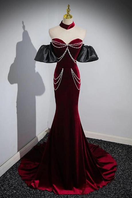 Beauiful Off Shoulder Mermaid Wine Red Velvet Long Prom Dresses
