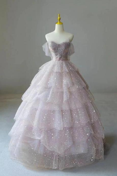 Shiny Mermaid Pink Tulle Ball Gown Sequin Layers Prom Dresses