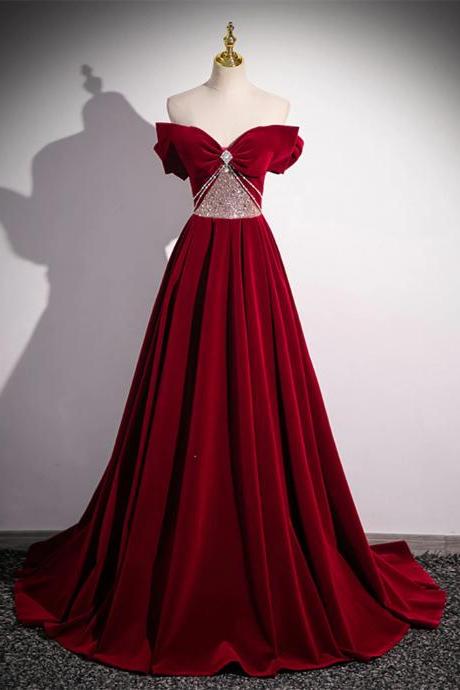 Off Shoulder Wine Red Long Velvet Party Dress With Beading