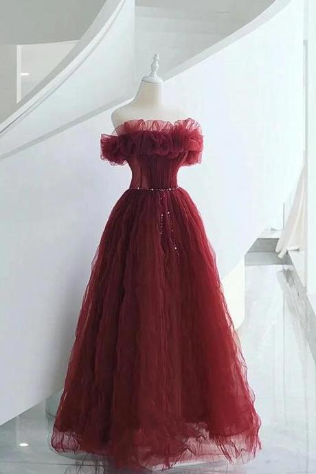 Off Shoulder Floor Length Tulle Sequins Wine Red Long Party Dresses