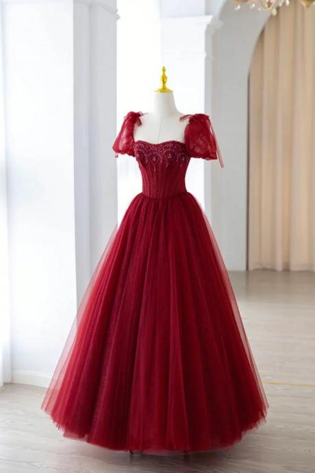 A-line Sweetheart Wine Red Tulle Beaded Long Prom Evening Dress