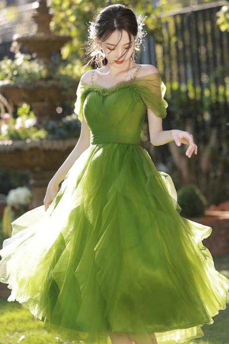 Lovely Green Tulle Beaded Straps Homecoming Dress