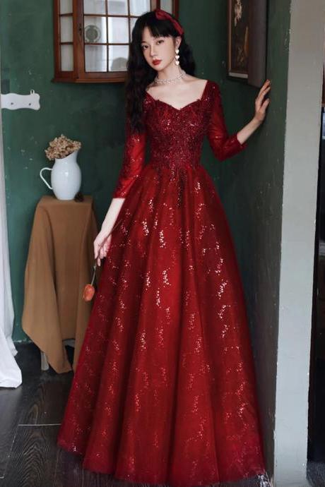 A Line Wine Red Tulle Prom Dress With Long Sleeves