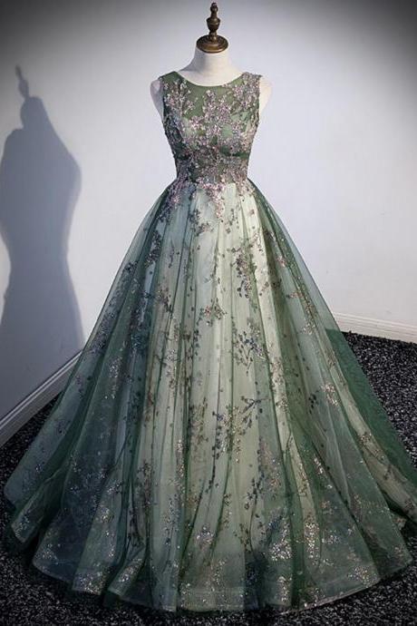 Beauty Green Tulle Round Neckline Long Prom Dresses