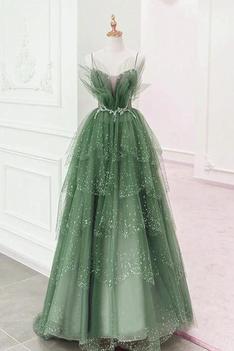 Floor Length Glam Green Layers Tulle Straps Prom Dress With Beading