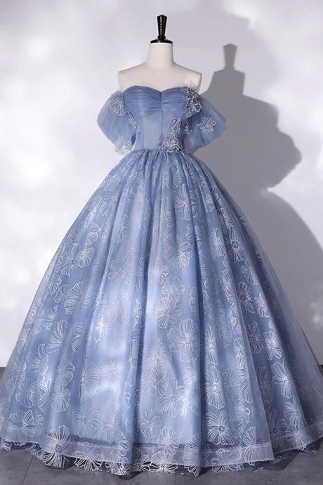 Off Shoulder Blue Ball Gown Floral Tulle Party Dress