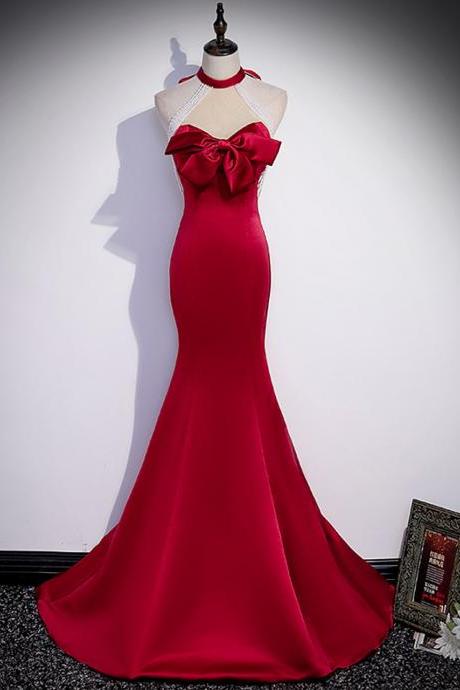 Halter Red Mermaid Satin Long Party Dress With Lace-up
