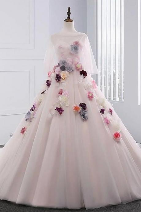 A Line Light Pink Tulle Ball Gown Prom Dress With Flowers