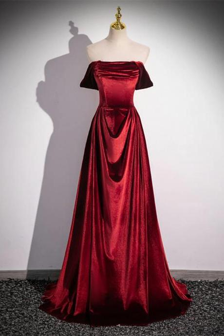 A Line Off Shoulder Wine Red Velvet Floor Length Long Prom Dresses