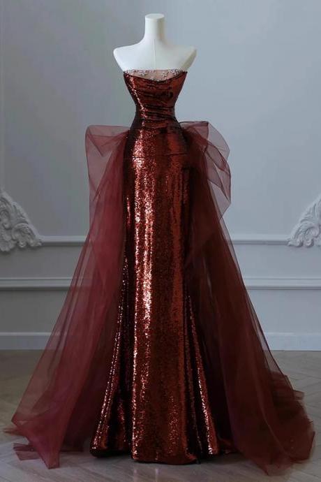 Strapless Wine Red Sequins And Tulle Long Formal Prom Dress