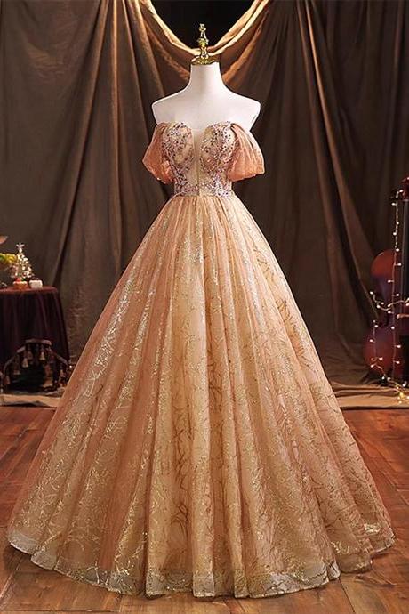 Gold Tulle Long Ball Gown Party Dress Sweet 16 Dresses With Beaded