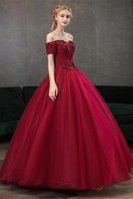 Off Shoulder Wine Red Ball Gown Sweetheart Party Dresses