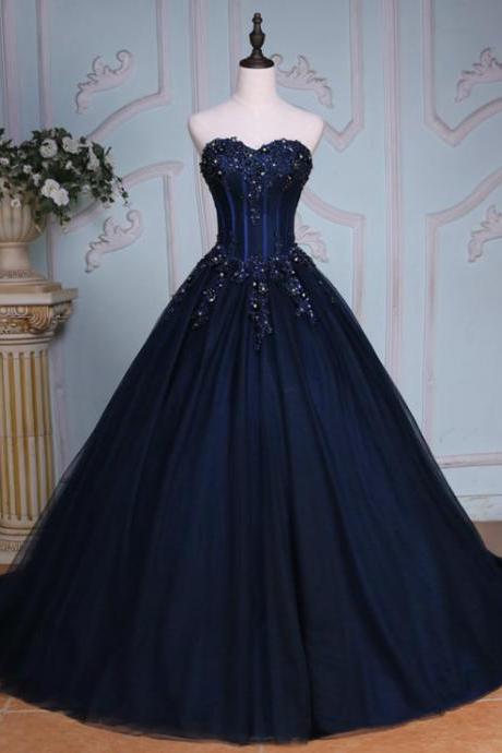 Sweetheart Navy Blue Lace Applique Tulle Long Party Dresses