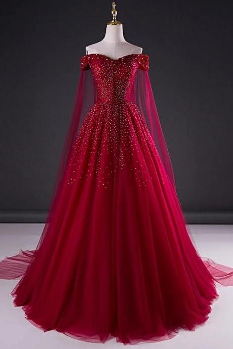Wine Red Tulle Beaded Long Prom Dresses