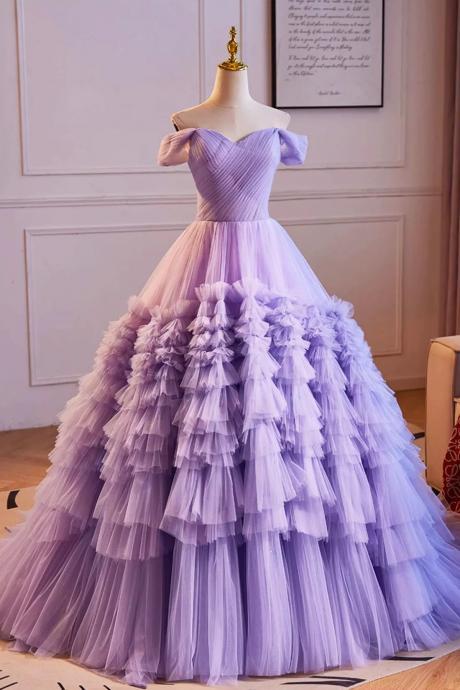 Off The Shoulder Tiered Ruffles Purple Long Ball Grown Prom Dresses