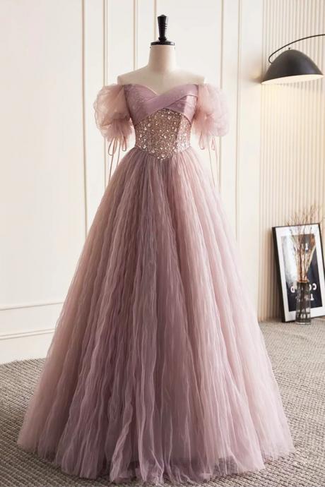Floor Length Pink Tulle Sequins Prom Dresses