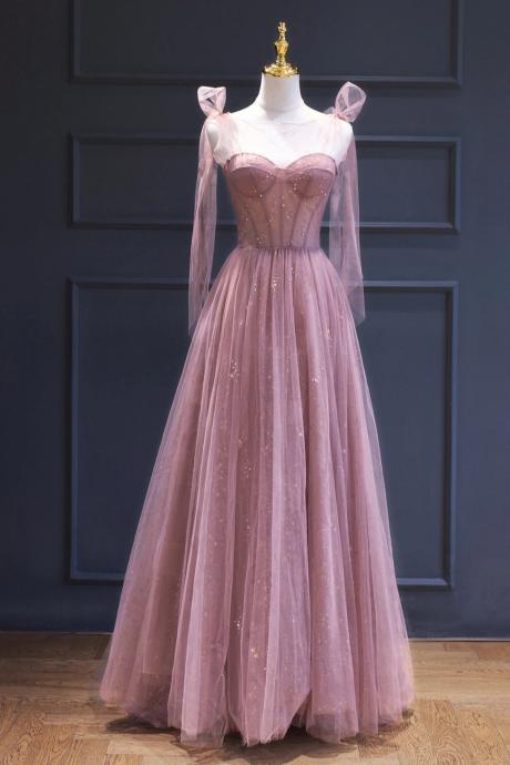 A-line Pink Tulle Long Prom Dresses