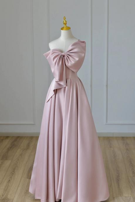 One Shoulder Pink Satin Long Prom Dress With Bow
