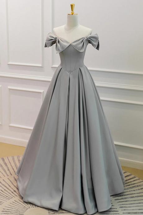 Cute A-line Gray Satin Floor Length Prom Dress With Pearls