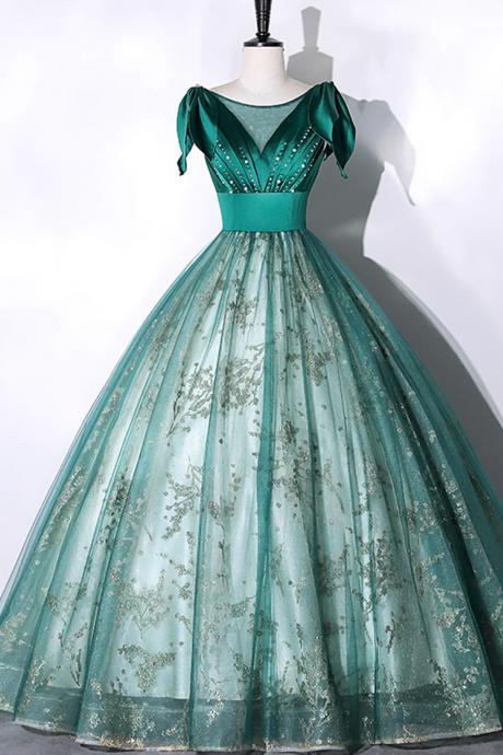 Elegant A-line Green Satin Tulle Long Prom Dresses