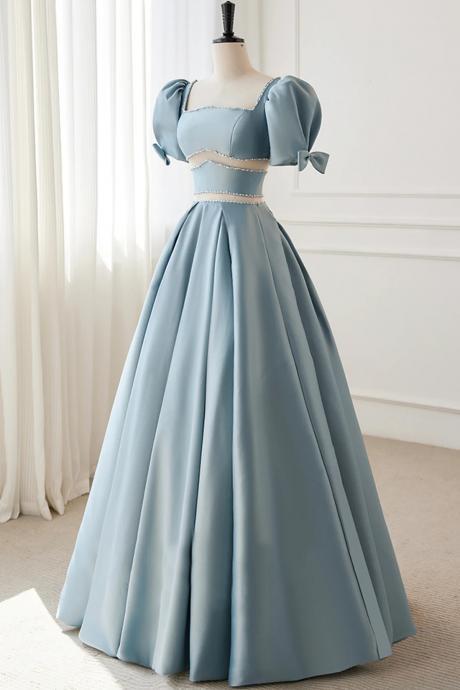 A Line Blue Satin Beaded Long Prom Dresses