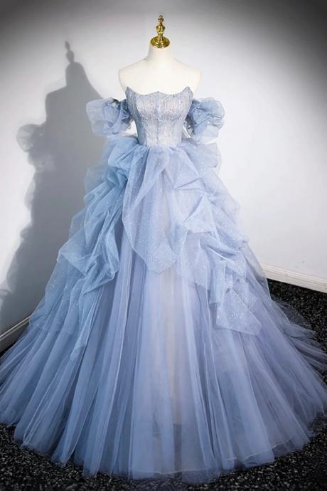 A-line Strapless Blue Cascading Ruffles Long Prom Dresses