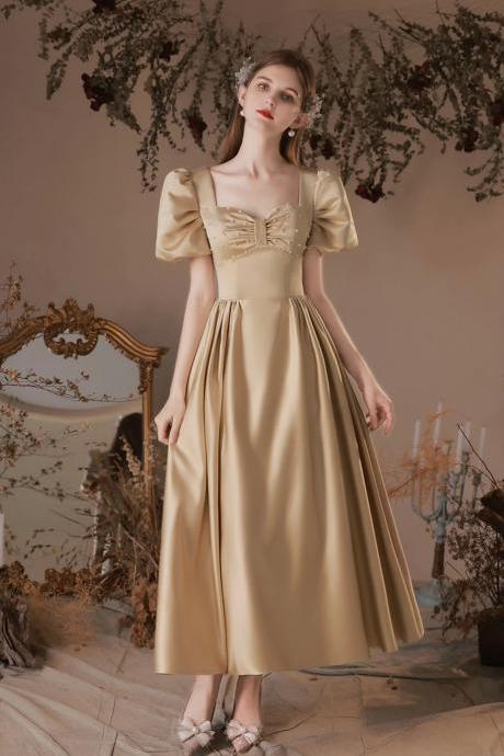 Beautiful Satin Tea Length Prom Dress With Short Sleeve