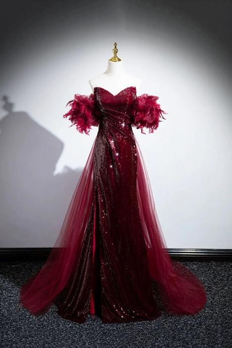 Mermaid Burgundy Tulle Sequins Long Prom Dresses