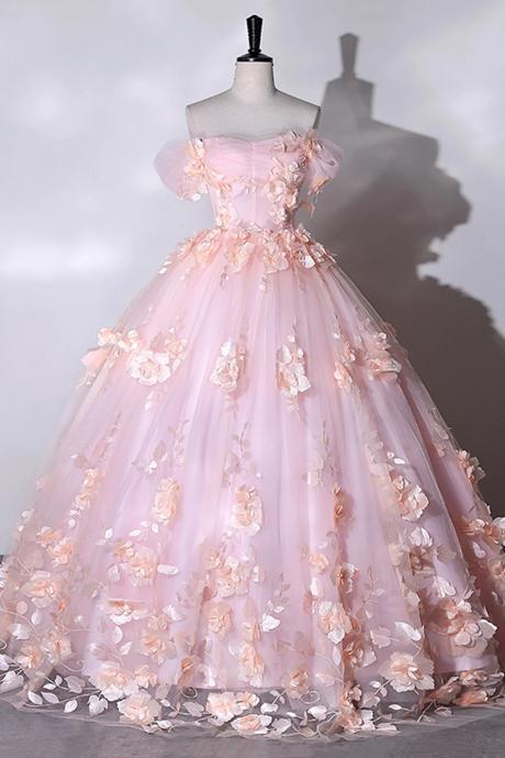 Off Shoulder Pink Flowers Sweetheart Ball Gown Prom Dresses