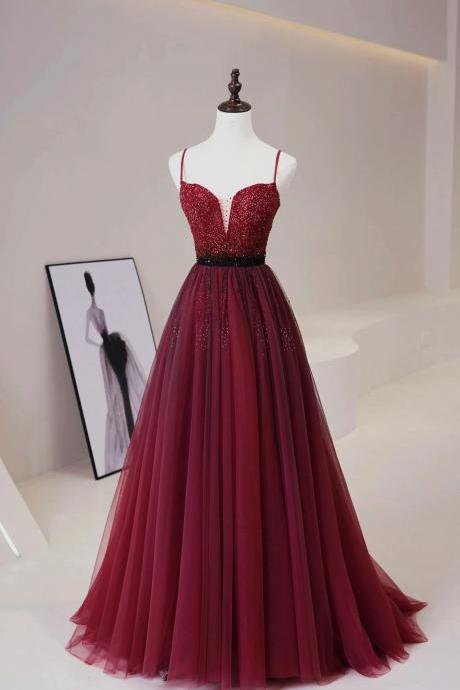 Spaghetti Straps Burgundy Tulle Long Prom Dress With Beaded