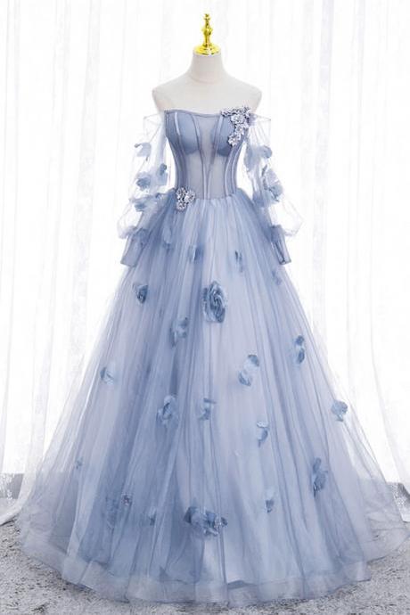 A-line Blue Tulle Long Sleeves Formal Prom Dress With Flowers
