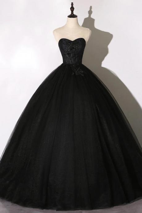 Ball Gown Black Scoop Neckline Tulle Lace Long Prom Dresses