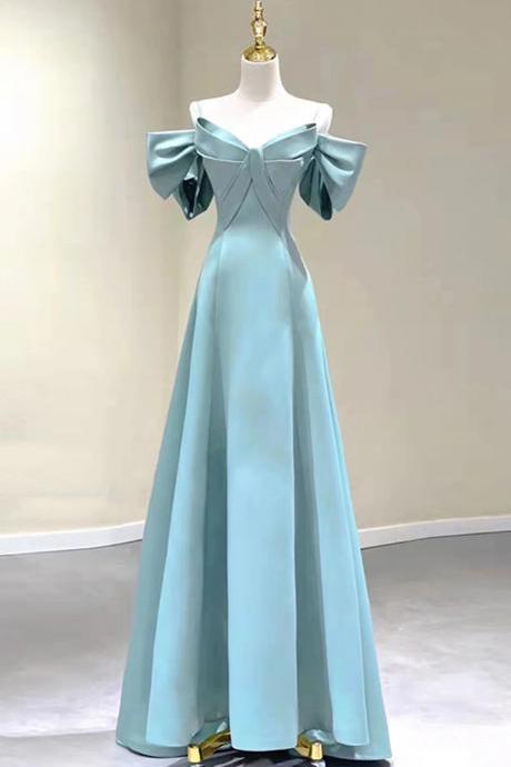 Unique Spaghetti Straps Blue Satin Long A-line Prom Dresses