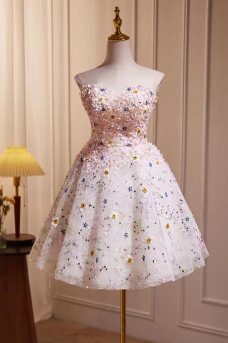 Cute A-line Flower Short Prom Dress, Sequin Homecoming Dress
