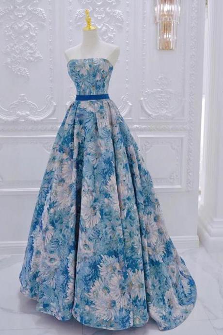 Mermaid A-line Flower Satin Blue Long Prom Dresses