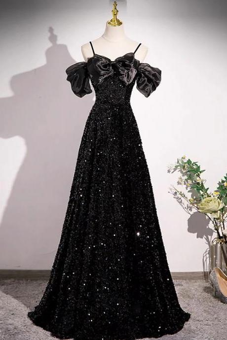 Black Off Shoulder Sparkle Sequined Gown With Puff Sleeves