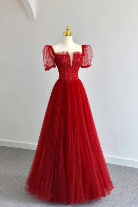 Beautiful A-line Dark Red Tulle Floor Length Formal Prom Dresses