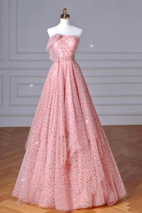 Strapless A-line Pink Tulle Long Prom Dresses