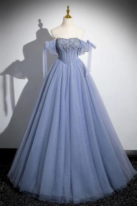 Ball Gown A-line Blue Tulle Long Prom Dress With Beads