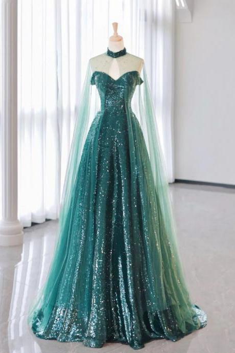 A-line Tulle Sequin Green Long Formal Evening Dress