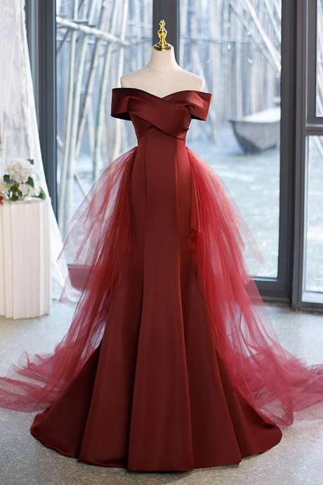 Simple Off Shoulder Mermaid Burgundy Long Prom Dresses