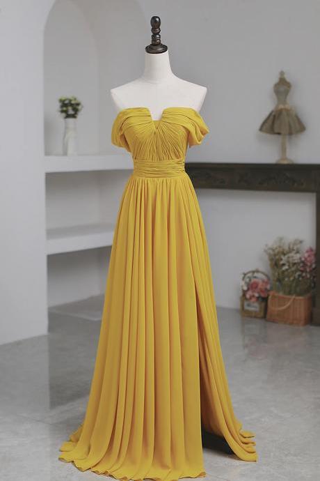 A-line Off The Shoulder Yellow Chiffon Long Prom Dresses