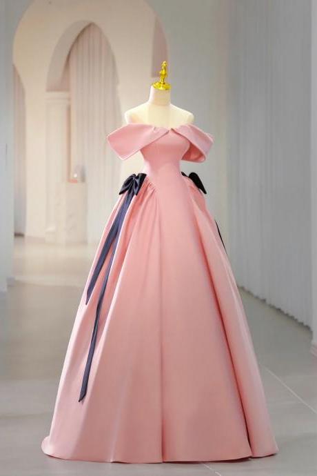 Off Shoulder Pink Satin Floor Length Prom Dresses