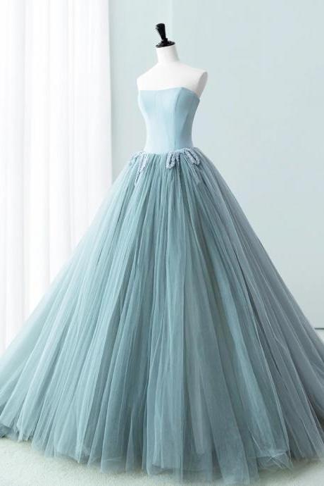 Lovely Strapless Blue Satin Tulle Long Prom Evening Dresses