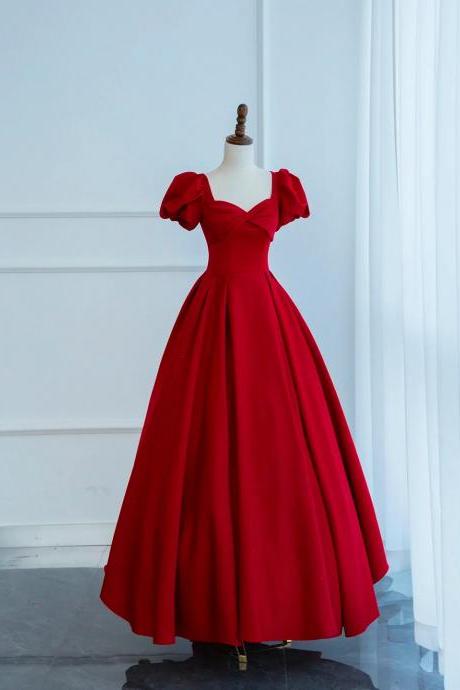 A-line Dark Red Satin Long Prom Dress With Short Sleeves