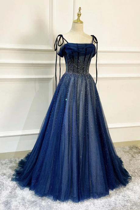 Mermaid Blue Long Tulle Beaded Prom Dress Party Dress