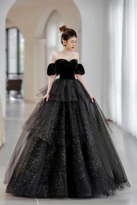 Sweetheart Black Velvet And Tulle Layers Long Formal Prom Dresses