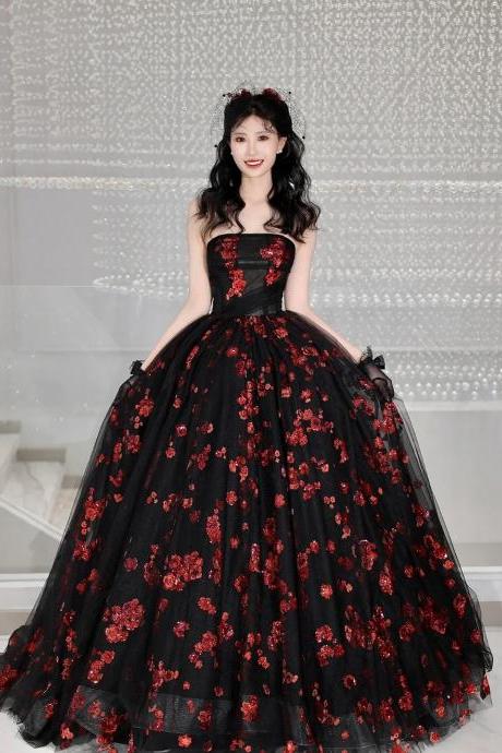 A-line Strapless Black Tulle And Red Sequins Long Party Dress